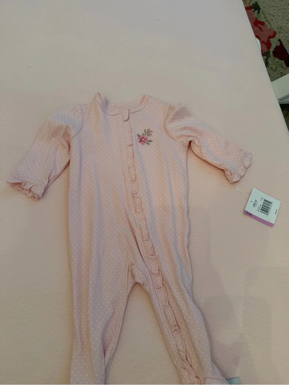 Little Me Light Pink Polka Dot Footie with Floral Embroidery